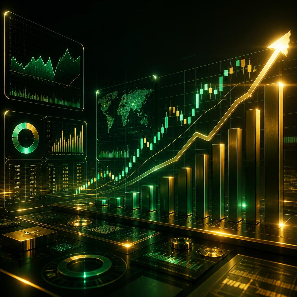 Ilustração de análise de mercado com gráficos, candlesticks e indicadores financeiros