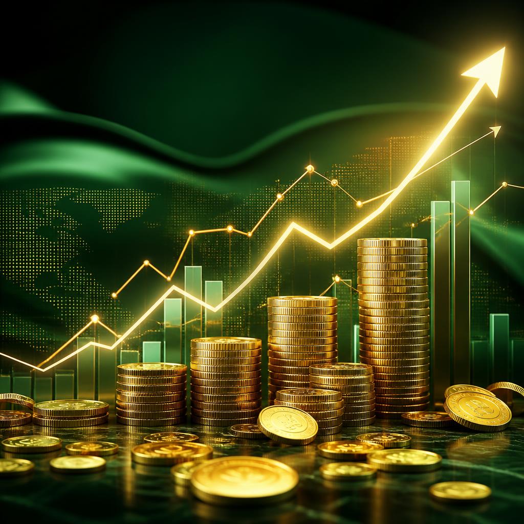 Ilustração de investimentos com moedas, gráficos e seta de alta no mercado financeiro